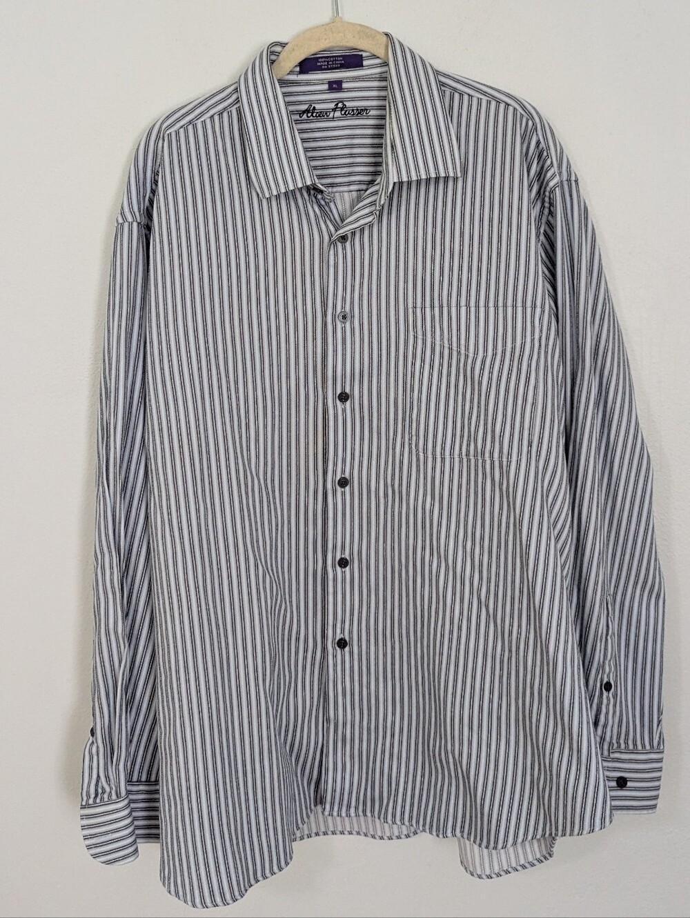 Alan Flusser Striped Button Front Shirt Long Sleeve Collared Blue White XL